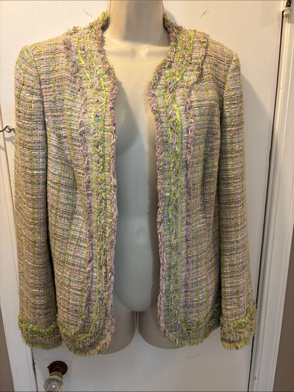 Dana Buchman 10 Pastel Tweed Fringe Open Jacket 26-331